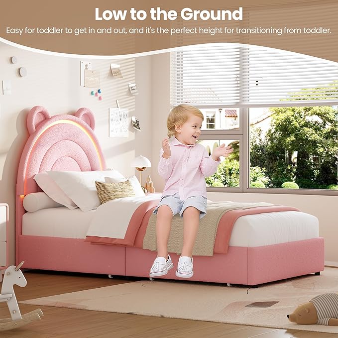 Garvee Princess Twin Size Bed Frame with 2 Storage Drawers & LED Lights, Velvet Upholstered Platform Bed with Rainbow Headboard for Kids/Girls, Solid Wood Slats Support, No Box Spring Needed, Pink