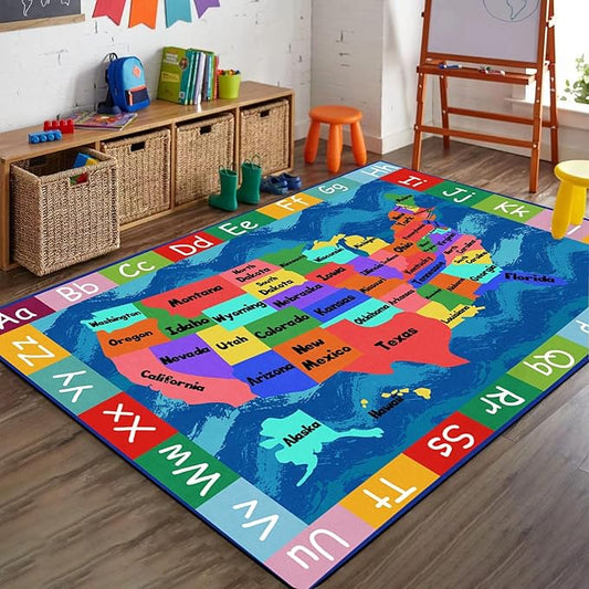 USA Map Preschool Area Rugs, 4x6ft, Children's Education Learning ABC Living Room Rug, Machine Washable Rubber Backed Non Slip Mat，Durable Non-Shedding Printed Carpet for Indoor Floor