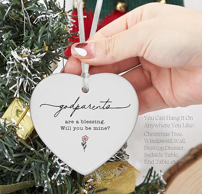Heart Shaped Christmas Ornament-Godparents Proposal Gift for First Time Godmother Godfather Pregnancy Announcement Christening Baptism Present Family Keepsake Ceramic Decor
