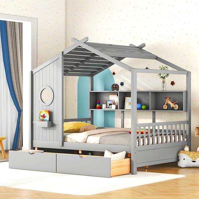 Modern Full Size House Bed with Roof and Window, Wooden Daybed Frame with Shelves and 2 Drawers,Bedroom Furniture for Girls & Boys (Gray+2 Drawers*)