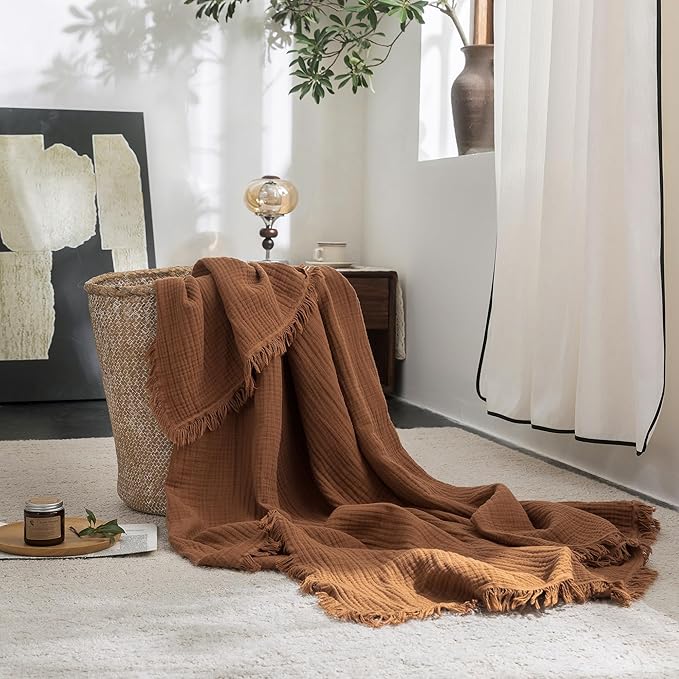 FOSSA Muslin Blanket with Fringe - 4-Layer 100% Cotton Gauze Super Soft & Breathable Throw -Lightweight Decorative Cooling Blanket for Bed, Sofa, Office -Throw XL Size 50" × 70" (Dark Orange)