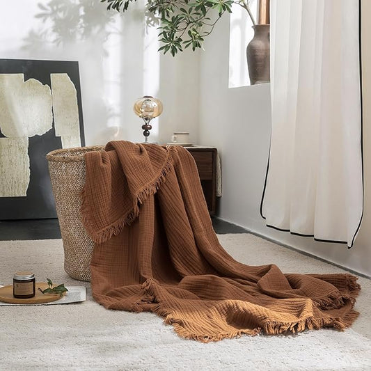 FOSSA Muslin Blanket with Fringe - 4-Layer 100% Cotton Gauze Super Soft & Breathable Throw -Lightweight Decorative Cooling Blanket for Bed, Sofa, Office -Throw XL Size 50" × 70" (Dark Orange)