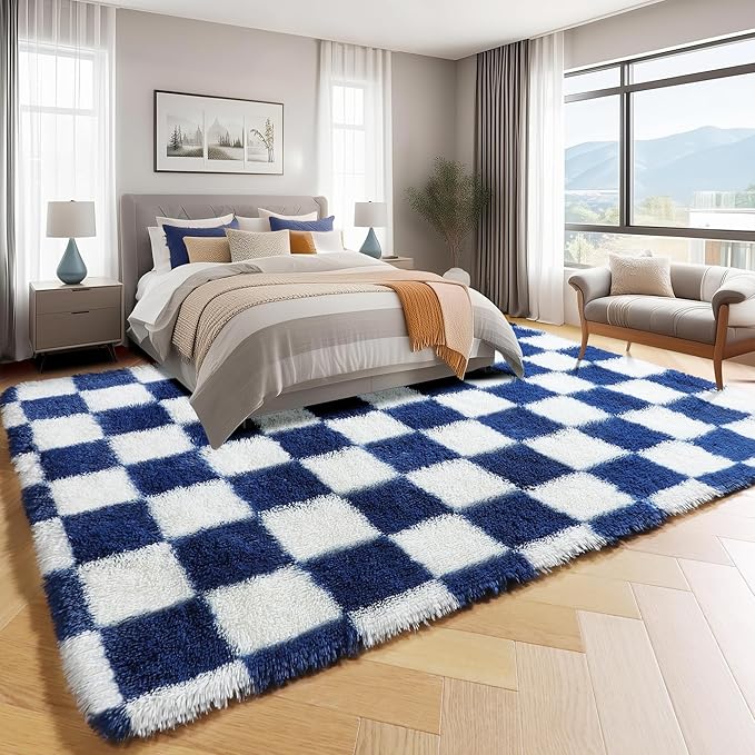 KICMOR Rugs for Living Room, Soft Fluffy Checkered Shag 5x8 Area Rug Large Big Fuzzy Shaggy Bedroom Plush Carpet, Navy Blue and Cream White Rug for Kids Boys Girls Dorm Nursery Home Decor Aesthetic