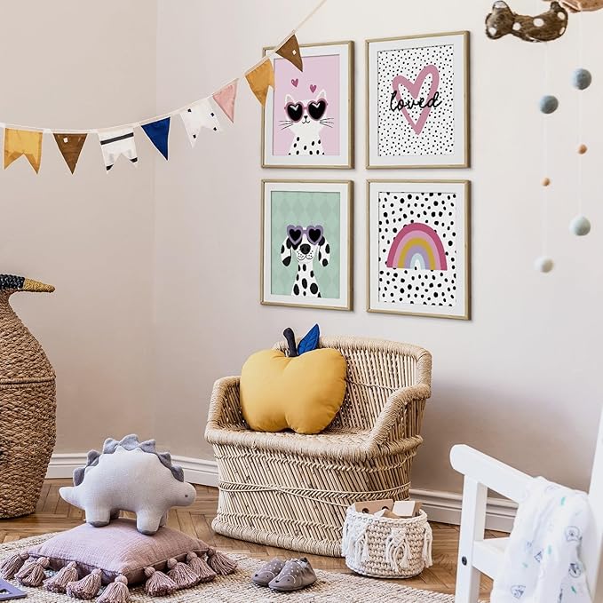 VONTP Pastel Rainbow Classroom Dog Cat Wall Art Decor, Dalmatian Cat Classroom Prints Poster Wall Decorations for Kids Girl Nursery Toddler Room Bedroom Playroom, 8x10 Inch Set of 4 (Unframed)