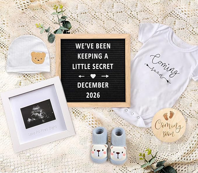 Pregnancy Announcement, Baby Announcements Ideas Set Include Announcement Board, Baby Onesie, Baby Booties, Beanie Hat, Photo Frame and Wood Sign, Baby Coming Soon Announcement Baby Announcement Props