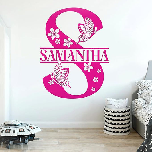 Custom Flower Butterfly Split Name Wall Decal Personalized Letter Monogram Transparent DTF Vinyl Removable Nursery Wall Decal for Kids Room, Living Room, Teen Bedroom, Car, Cute Home Decor Gift