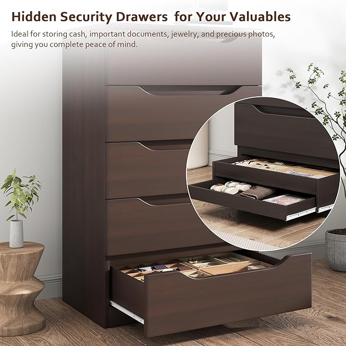 Brown Tall 5 Drawer Dresser for Bedroom with Hidden Storage Design, Large Modern Closet Dressers & Chests of Drawers with Cut-Out Handles, 27.6" L*15.8" W*45.3" H for Bedroom, Living Room, Nursery