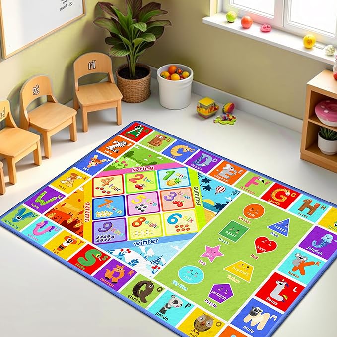 3x5 Small Kids Classroom & Playroom Rug - ABC Alphabet Educational Area Rug with Animals Numbers & Shapes - Washable Non-Slip Carpet Playmat for Nursery Preschool & Reading Area