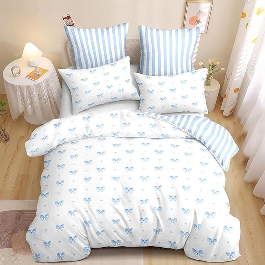 Bow Duvet Cover Queen Size Blue Striped On White Bedding Set 3 Pieces Cute Heart Printed Stripe Reversible Princess Style Soft Breathable Microfiber Duvet Cover Set with Zipper Closure