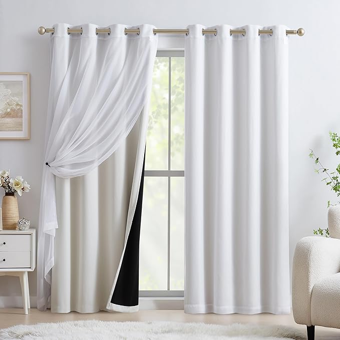 Lotusolution Mix and Match Curtain Set Beige Total Blackout Curtains 84 Inches Long with Solid Voile Sheer Curtains for Bedroom and Living Room,Grommet Top,52" W x 84" L