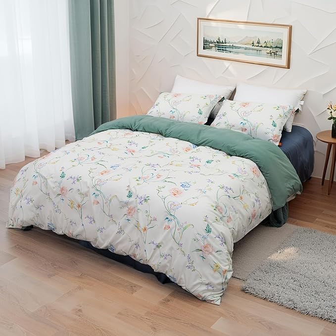 MAGRACE Muslin Duvet Cover King Size, Reversible Floral Rose Comforter Cover Set with Zipper Closure, Farmhouse Style 3 Pieces Botanical Patterns Soft Bedding Set with 8 Ties