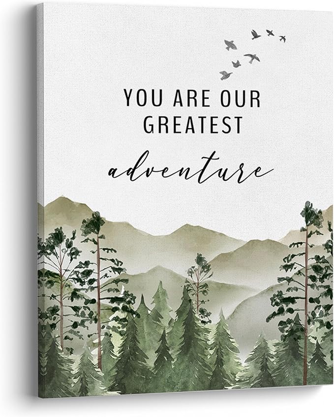 XWELLDAN You are Our Greatest Adventure Woodland Nursery Inspirational Wall Art Canvas Prints,Watercolor Forest Mountain Adventure Wall Art Decor for Kids Baby Bedroom Nursery, 8 x 10 Inch, Framed