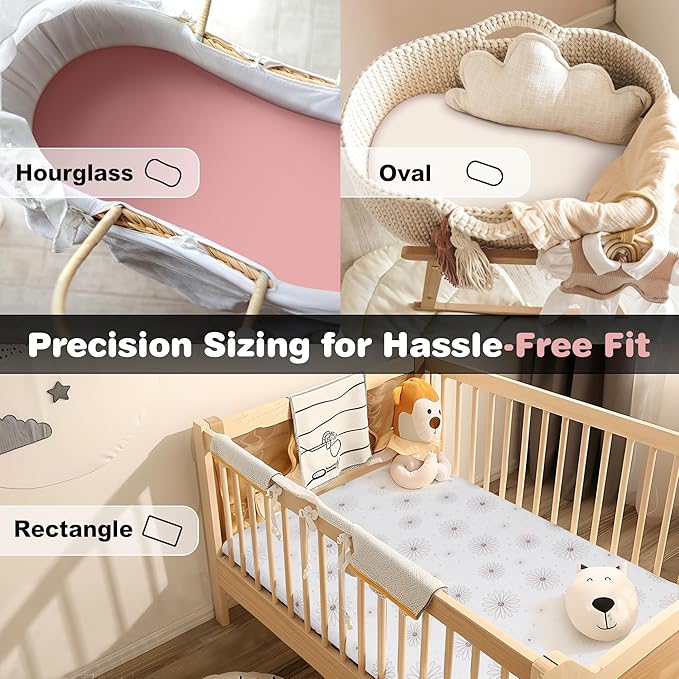 3-Pack Cotton Muslin Bassinet Sheets - Fitted Elastic Mattress Cover for Baby Boys & Girls, Breathable Bedside Bassinet Sheets Neutral Colors (Fits Oval & Rectangle Shape) (Pink)