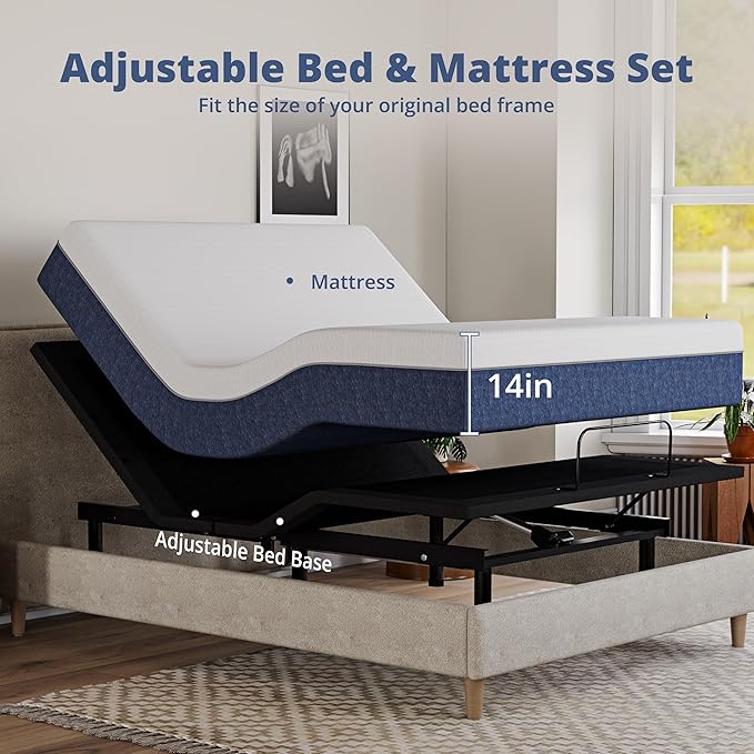 EGOHOME Adjustable Bed Base Frame Queen Size and 14 inch Charcoal Gel Memory Foam Mattress, Independent Head and Foot Incline Wireless Remote Electric Foldable Metal Bed Base,Zero Gravity
