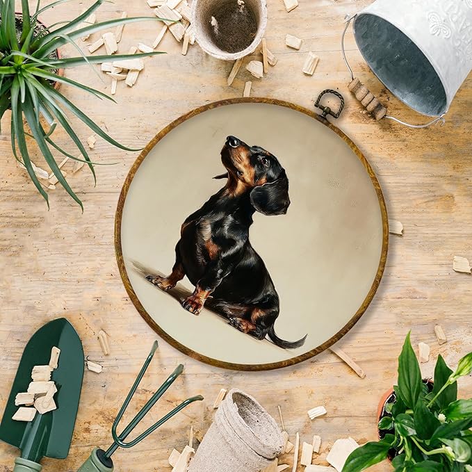 Hiuwevt Vintage Dachshund Round Wall Art Decor, Dachshund Lovers Gifts Framed Canvas Prints, Wiener Dog Gifts Round Wall Hanging Decor for Bedroom Home Living Room Decorations, 10x10 Inches