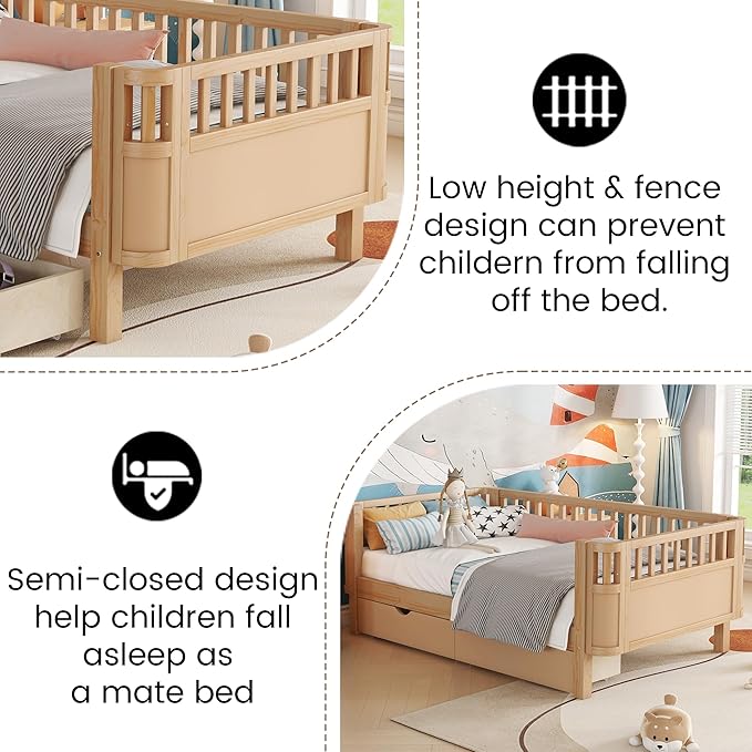 Twin Bed Frame with Rails for Kids, Wood Montessori Bed Twin with 2 Storage Drawers &Slats Support, Modern Daybed with Removable Bed Rails for Girls Boys Bedroom Living Room, Natural