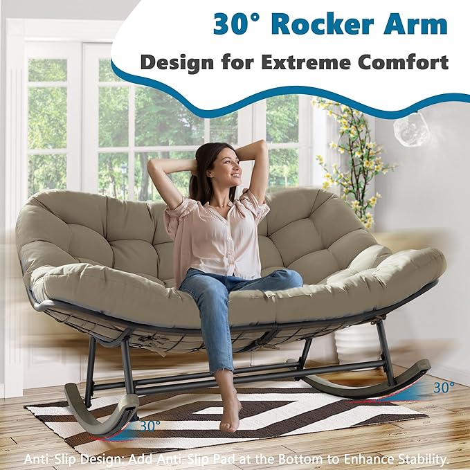 Double Papasan Rocking Chair Outdoor & Indoor, Oversized Rocking Reclining Loveseat with Thick Cushion and Frame, 660LBS Capacity Rocking Egg Chair for Patio Porch Living Room, Brown