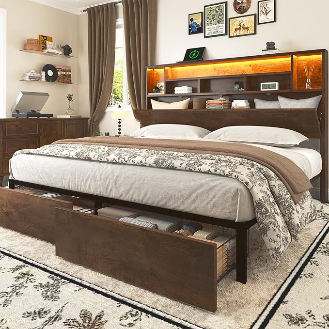 King Bed Frame with Headboard, LED Bed Frmaes with Bookcase Storage and Charging Station, Metal Platform Bed with 2 Storage Drawers, No Box Spring Needed, Brown