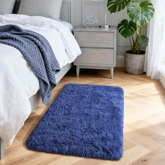 Merelax Modern Soft Fluffy Small Shaggy Rug for Bedroom Livingroom Dorm Kids Room Indoor Home Decorative, Non-Slip Plush Furry Fur Area Rugs Comfy Nursery Accent Floor Carpet 2 X 3 Feet, Light Navy