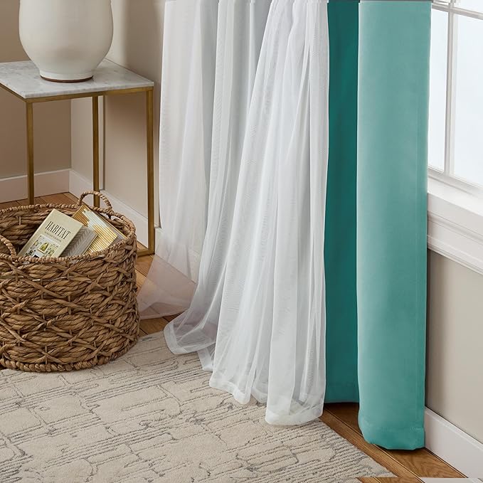 TOWN & COUNTRY LUXE Talia Double Layer Indoor Curtains, Sheer and Room Darkening Blackout, Grommet Top, Energy Efficient, 2-Pack Set, 52"x96", Turquoise