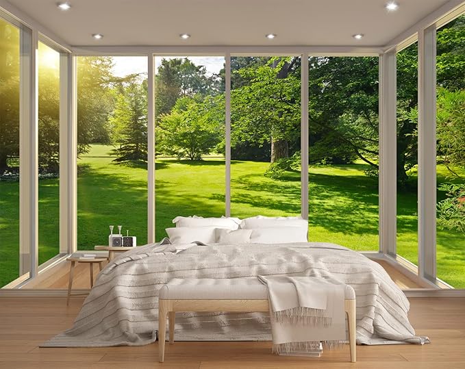 3D Window View Wall Mural Garden Green Trees Forest Wallpapers for Bedroom Living Room Tv Background(Not Peel n' Stick)