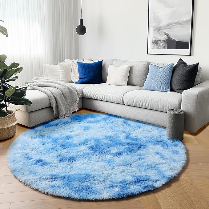 ONASAR Tie-Dye Blue Round Area Rug 4x4, Soft Bedroom Circle Rugs Floor Mats for Kids Girls Teen Room, Kawaii Fluffy Plush Shaggy Carpet for Baby Nursery Living Room Playroom Home Decor