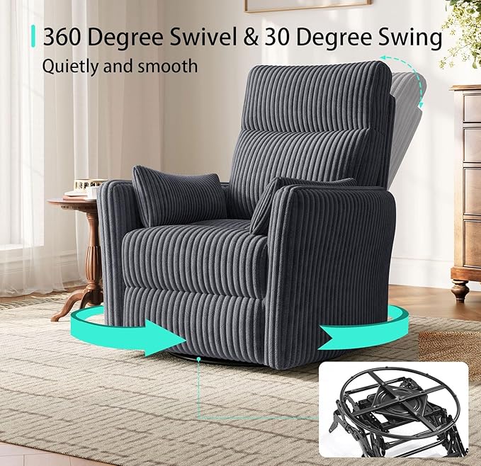 LINSY 360 Swivel Nursery Recliner - Corduroy Glider Rocking Chair with 2 Pillows, Comfy High Back Adult Recliner for Small Spaces, Nursery Bedroom Living Room Reclining Chairs, Gray