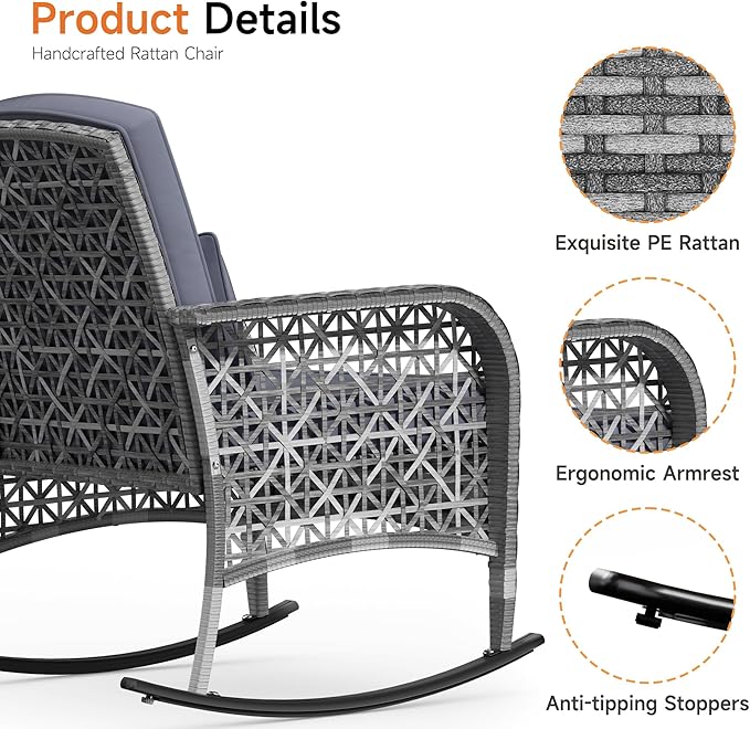DECMICO 3-Piece Rattan Rocking Chair Set, PE Patio Bistro Furniture with Cushions & Coffee Table for Garden Backyard Porch, Dark Grey