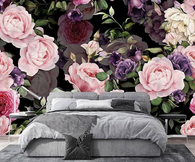 AFZEVEB-Black Watercolor Purple Peony Flower Wallpaper Wall murals for Bedroom 136"x96"(Not Peel and Stick)