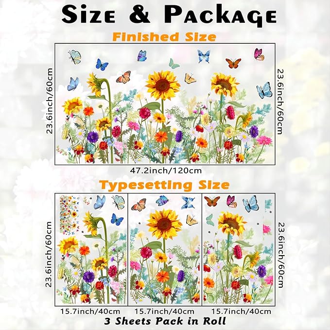 Flowers Vine Wall Stickers Sunflowers Daisy Wall Decals for Living Room, Butterfly Decor Posters Colorful Floral Wall Stickers Chrysanthemum Murals Decorations for Bedroom Office