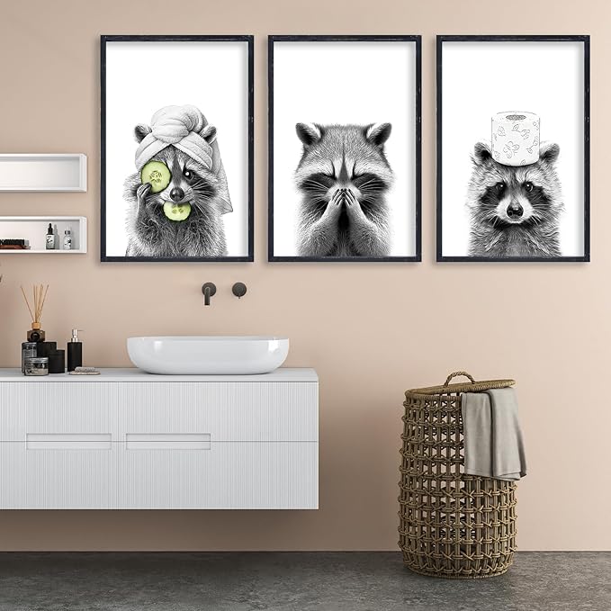 Funny Bathroom Adorable Raccoon Wall Art Decor 16x11 Inch Set Of 3 Laundry Animal Prints Wooden Framed Signs Rustic Washroom Interesting Modren Artwork Wall Hanging Deoration (Black)