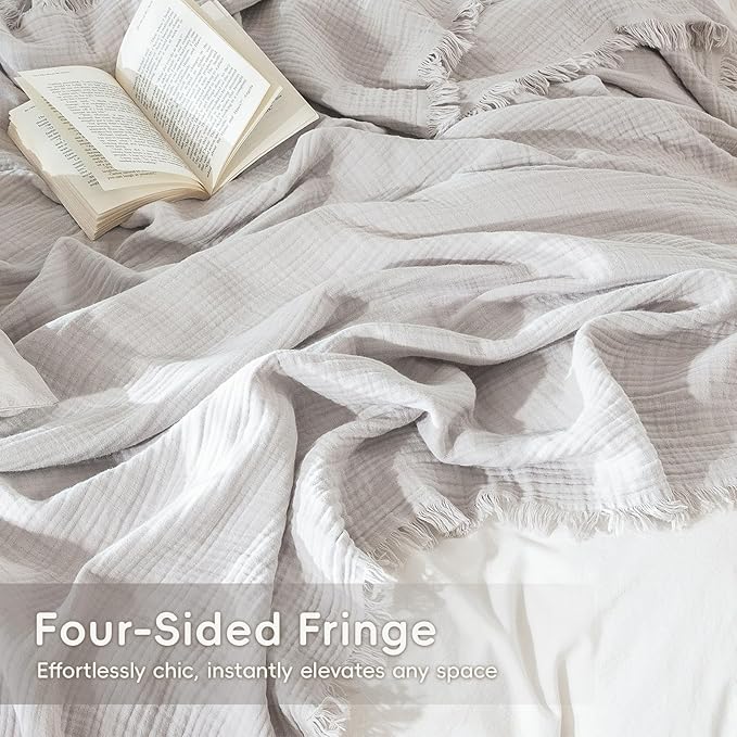 MooMee Muslin Blanket - 100% Cotton 4-Layer Gauze Throw Blanket with All-Around Fringe, Ultra-Soft Breathable Lightweight Cooling Decorative for Bed, Sofa & Couch (Light Grey,King 104" x 90")