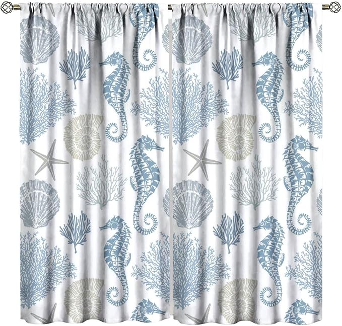 Seahorse Coral Curtains,Starfish Seashell Beach Sea Starfish Seashell Theme Pattern Blackout Print Home Bedroom Living Room Window Treatmen 2 Panel Set 63x72 Inch