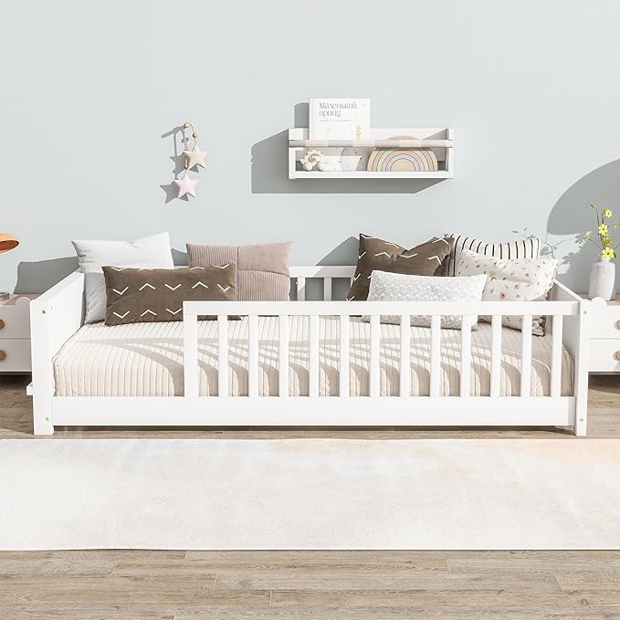 Floor Bed with Rails Twin Size, Wood Montessori Floor Bed with Storage Bookcase, Kids Bed Frame with Fence for Boys Girls, White