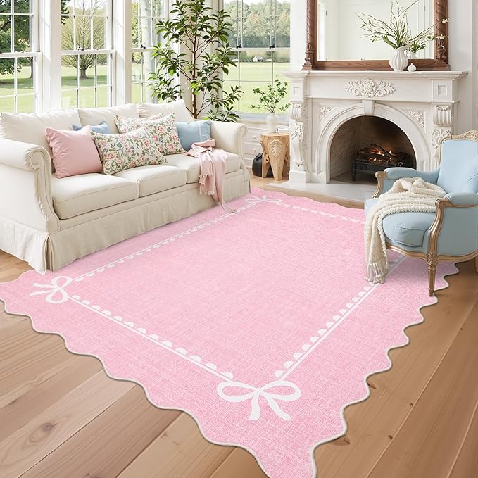 GarveeHome Scalloped Bow Rug for Living Room, Solid Pink Rug for Dorm, Washable Rugs 9x12 Soft Low Pile Non Slip Scalloped Rugs for Nursery College Bedroom Decor Kids Room Playroom