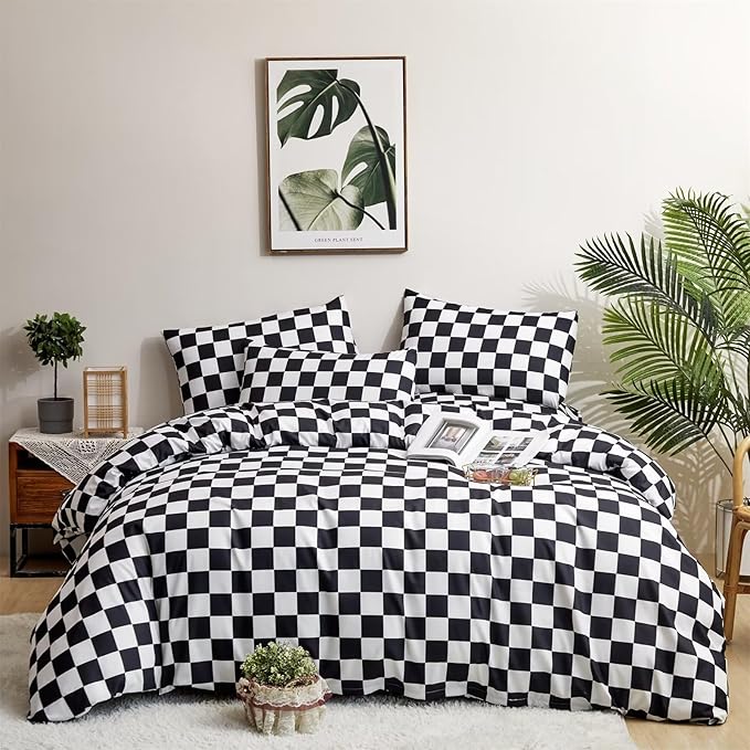 Houseri Black and White Duvet Cover Queen Plaid Black Grid Duvet Covers Queen Size Teen Boys Men Modern Black White Checkerboard Bedding Duvet Cover Full Black Buffalo Checkered Bedding Sets Queen