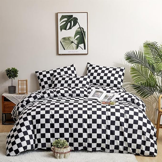 Houseri Black and White Buffalo Plaid Duvet Cover Twin Size Checkerboard Bedding Set