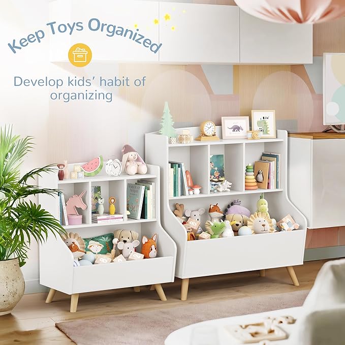 Curipeer Kids Bookshelf and Toy Storage, 3-Tier Wooden Open Bookcase, Baby Book and Toy Storage Display Organizer with Spacious Top Shelf for Children, Family, White(Large Size)