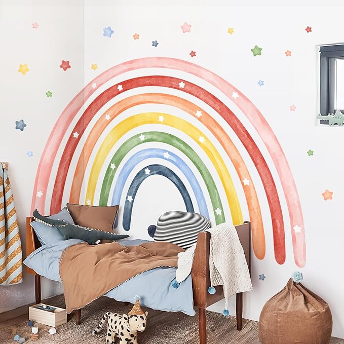 Tanlaby 77" X 47" Large Rainbow Wall Stickers Watercolor Stars Wall Decals Peel and Stick Giant Art Decor for Baby Nursery Girls Bedroom Kids Playroom Daycare Classroom