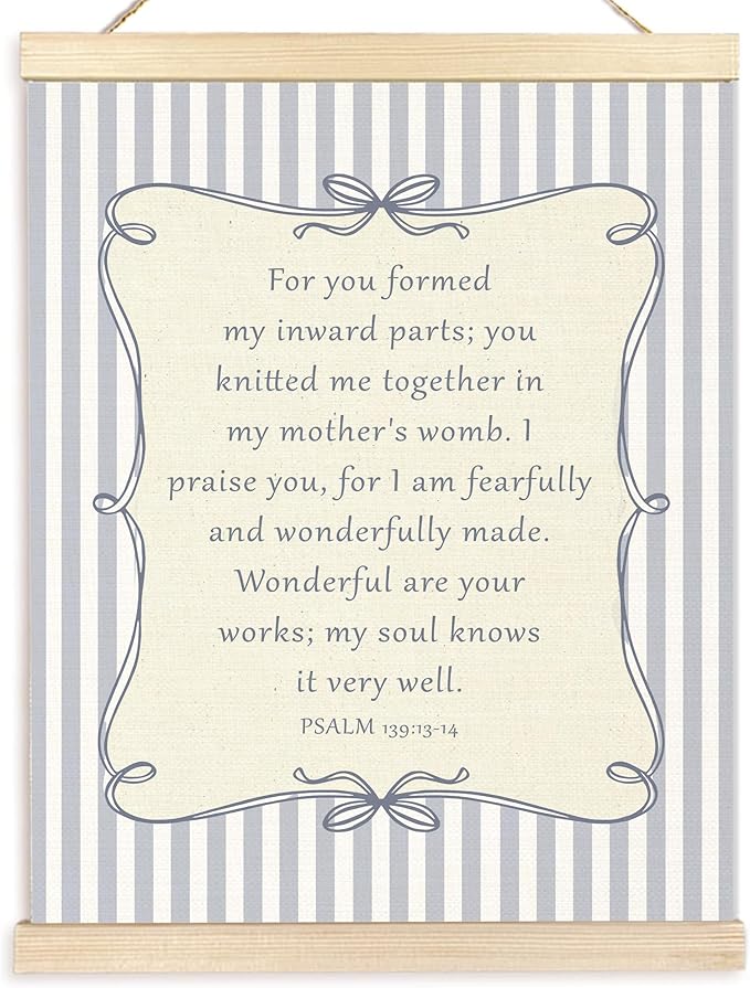 BESERH Trendy Christian Wall Art Posters, Psalm 139:13-14 Bible Verse Wall Decor, Christian Room Home Decor, Coquette Bow Blue Striped Religious Canvas Prints Artwork Framed, 12x16 Inch