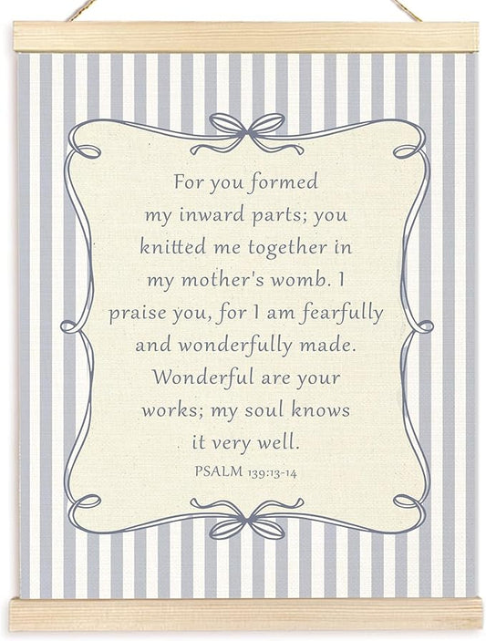 BESERH Trendy Christian Wall Art Posters, Psalm 139:13-14 Bible Verse Wall Decor, Christian Room Home Decor, Coquette Bow Blue Striped Religious Canvas Prints Artwork Framed, 12x16 Inch