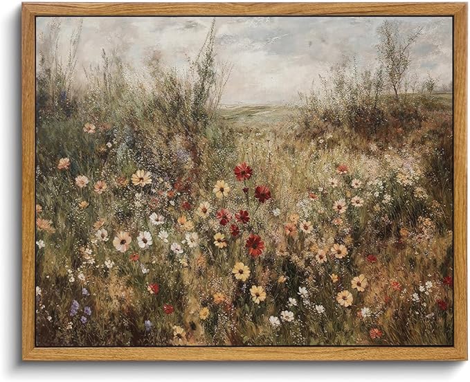 OIQArtOIQ Vintage Wildflowers Landscape Wall Art Framed Floral Natural Scenery Oil Painting Canvas Prints Country Farmhouse Fall Decor Pictures Kitchen Bedroom Living Room Bathroom