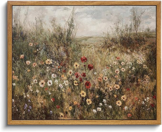 OIQArtOIQ Vintage Wildflowers Landscape Wall Art Framed Floral Natural Scenery Oil Painting Canvas Prints Country Farmhouse Fall Decor Pictures Kitchen Bedroom Living Room Bathroom