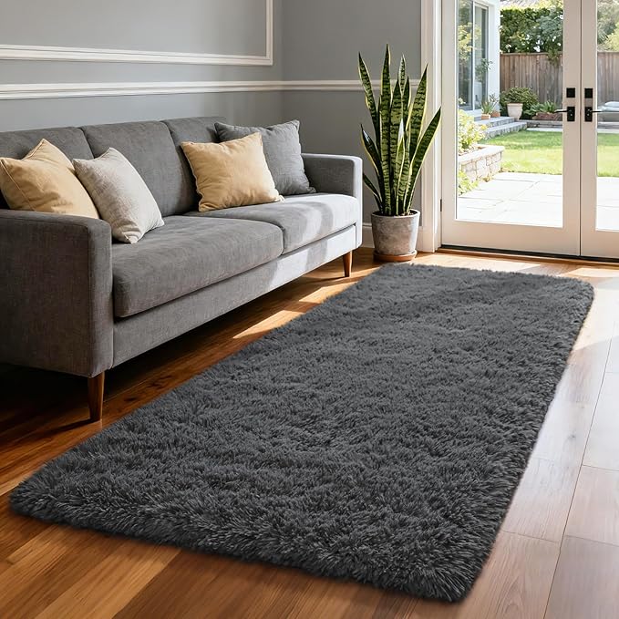 Merelax Soft Runner Rugs for Bedroom Living Room, 2x6 Feet Non Slip Plush Fluffy Long Rug for Hallway, Shag Furry Washable Area Rug for Bedside Nursery Kids Room Home Decor Carpet, Dark Grey