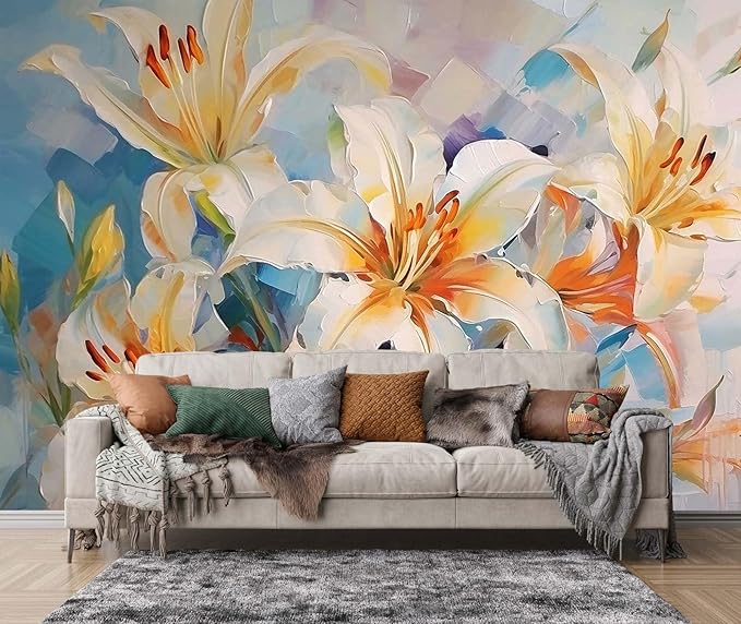 Floral Wallpaper Handmade Oil Painting Watercolor Art Lily Flower Wall Mural for Bedroom Living Room (Not Self-Adhesive)