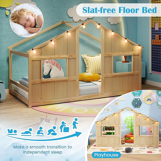 Twin Montessori Floor Bed with Roof, LED Light, Wood House Bed Frame with Headboard and 2 Windows, Low to Ground Cute Playhouse Bed for Kids, Girls, Boys, Without Slats (Natural)