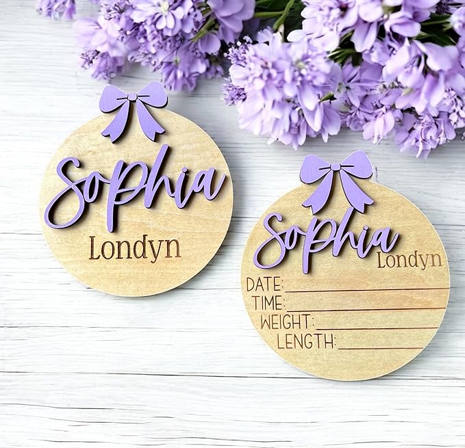 Personalized Bow 3D Baby Girl Name Announcement Sign – Custom Newborn Birth Stats – Hospital Photo Prop – Multiple Sizes & Fonts – 30 Color Options (Name Sign + Stat Sign Bundle)