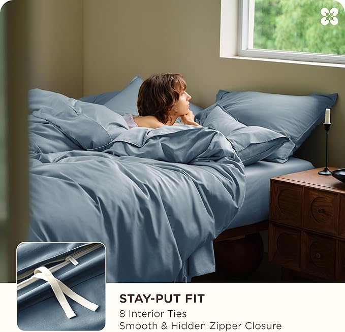 Bedsure Cotton Duvet Cover Queen Size, Cotton & Rayon Derived from Bamboo Blend Duvet Cover Set for Hot Sleepers,Ultra-Soft, Breathable & Lightweight Home Bedding for All Seasons (Dusty Blue,90"x90")