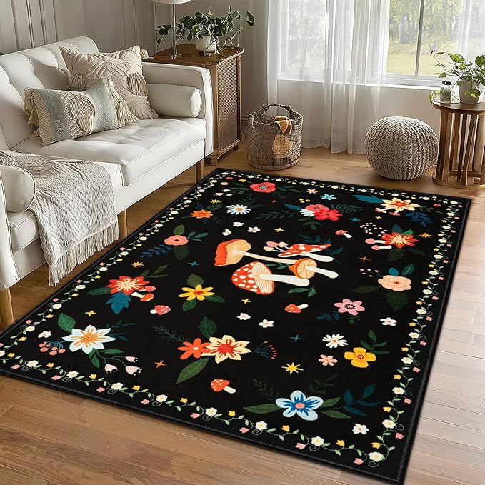 5x7 Machine Washable Area Rug, Non-Slip Vintage Floral Floor Rugs for Kids, Low Pile Room Carpet for Living Room, Bedroom, Dining Room & Nursery(5x7 Black Mushroom)