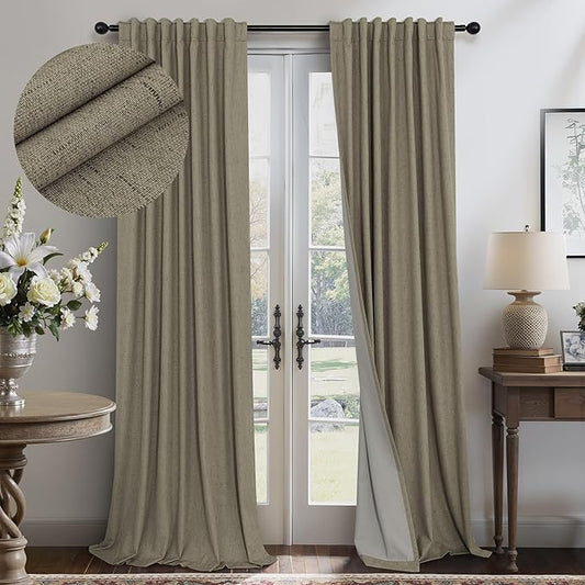 Pitalk Living Room Curtains 102 Inches Long for 103 Inch Tall Window Drape 100% Blackout Curtains for Bedroom Cold Weather Thermal Insulated Noise Reduction Curtain Farmhouse Style 2 Panels Dark Taupe